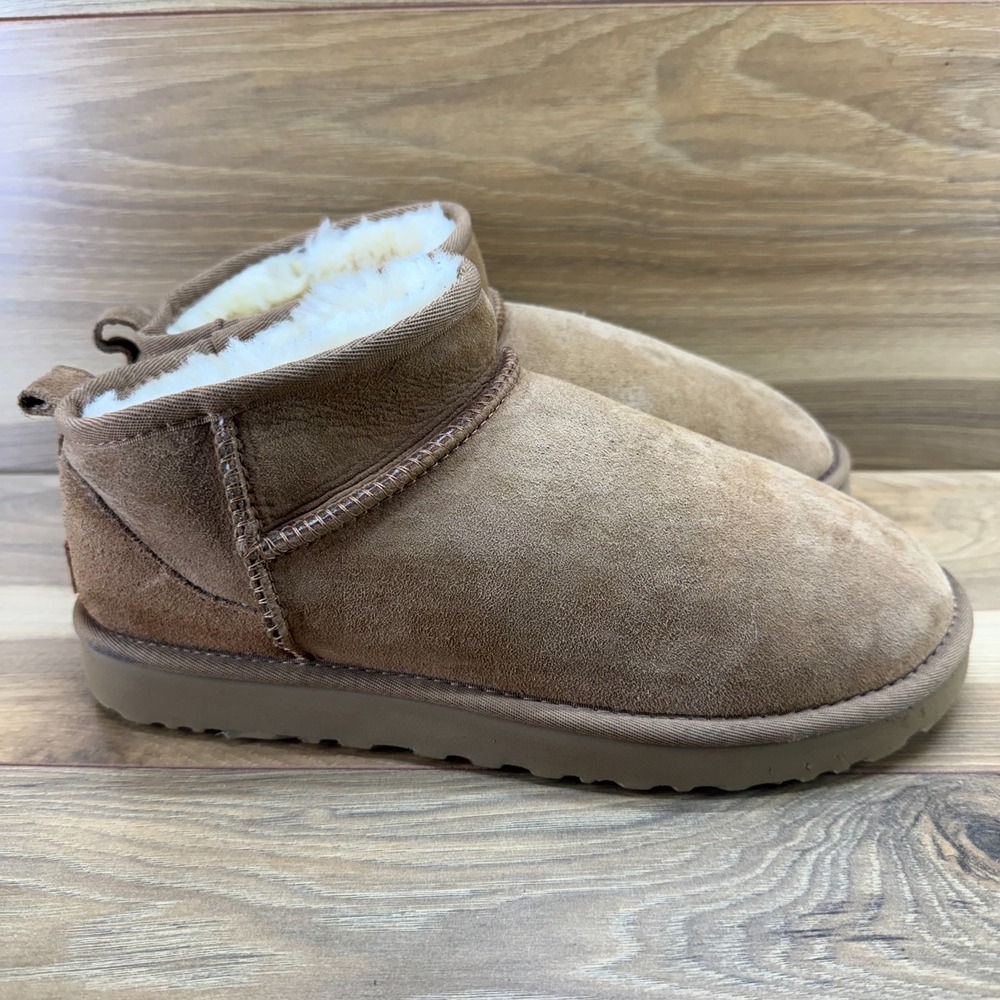 UGG Ultra Mini Boots Womens 9 Chestnut Suede Shearling Fur Cozy Cottagecore